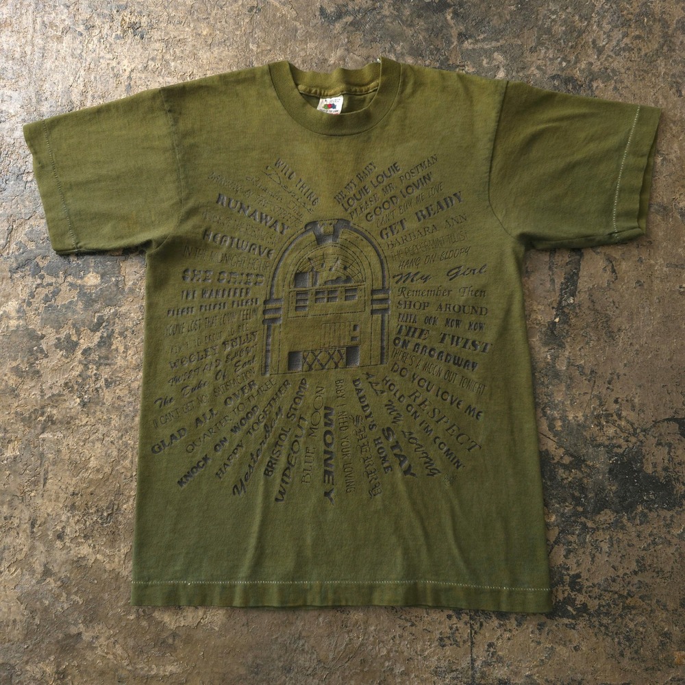 Vintage 90s Fruit of the Loom Green Jukebox T-shirt Small Hand Dyed Graphic